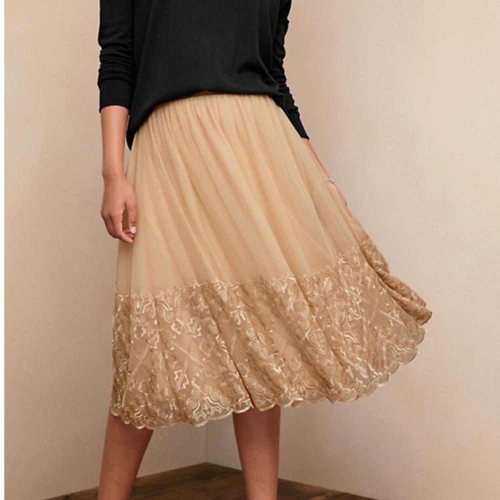 Garnet Hill Prima Tulle Skirt Camel Embroidered Lace Trim Midi Balletcore-Small